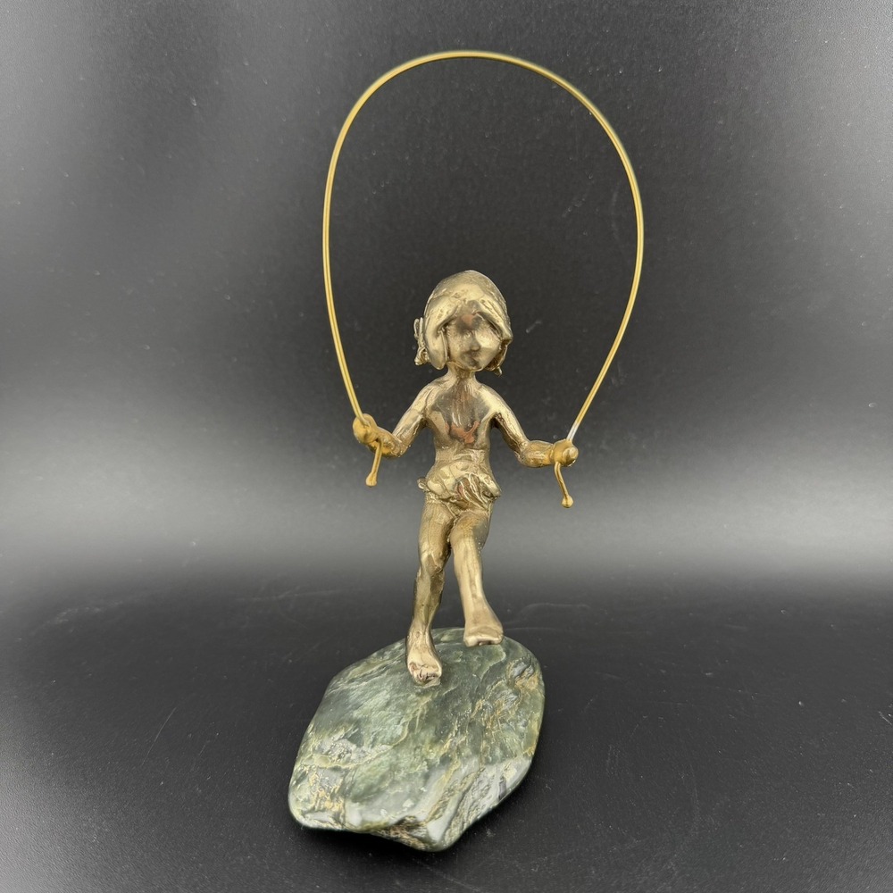 Malcolm Moran Girl Jumping Rope Bronze Sculpture on Jade Nephrite Rare